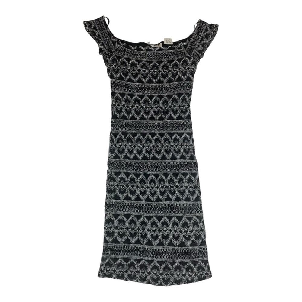 Hugo Buscati size small knit heart Black white vintage mini dress off shoulder y